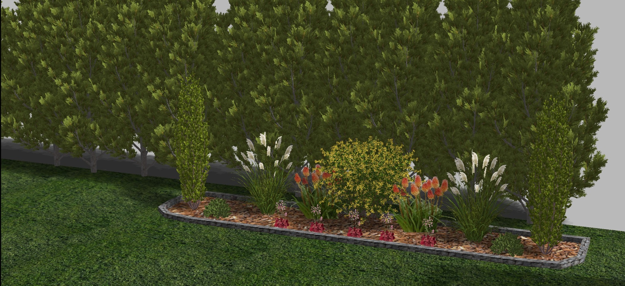 Aranżacja ogrodu z ozdobnymi trawami, knifofiami i niskimi krzewami na korze, obrzeże z kamienia, tło stanowi szpaler z drzew.