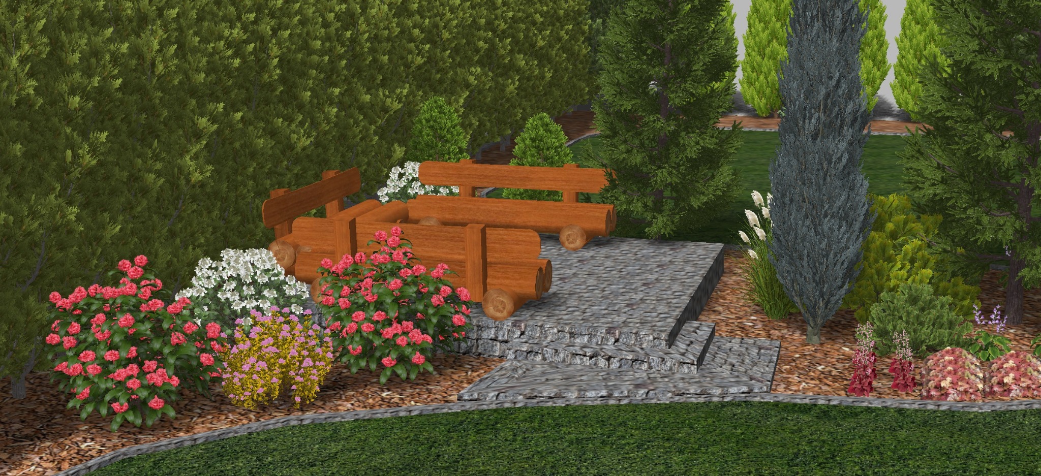 Wizualizacja ogrodu z drewnianą konstrukcją przypominającą ławkę, kamiennymi schodami i różnobarwnymi krzewami kwitnącymi na pierwszym planie, tło z żywopłotu i drzew.