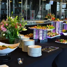 Elegancko zastawiony stół z różnorodnymi potrawami, kwiatami i świecami w szklanym świeczniku, w tle nowoczesna architektura z przeszkleniami.