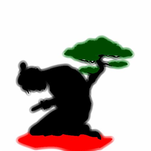 Stylizowana sylwetka klęczącej postaci z mieczem obok drzewka bonsai na czerwonym tle.