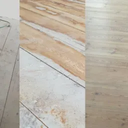 Drewniana podłoga w trzech różnych stanach: przed renowacją (szara, zabrudzona), w trakcie cyklinowania (częściowo oczyszczona) i po lakierowaniu (jasne drewno).