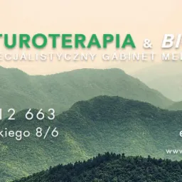 Grafika reklamowa gabinetu Naturaterapii i Biorezonansu z widokiem gór w tle, zawierająca adres, numer telefonu i adres e-mail.