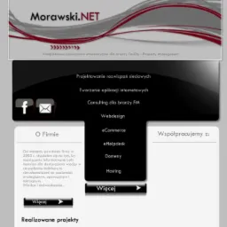 Fragment strony internetowej z logo Morawski.NET, menu nawigacyjnym i informacjami o firmie oferującej rozwiązania informatyczne dla branży Facility i Property Management.