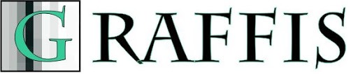 Logo firmy Graffis z dużą zieloną literą G umieszczoną w kwadracie z szarymi paskami pionowymi, obok czarny napis GRAFFIS.