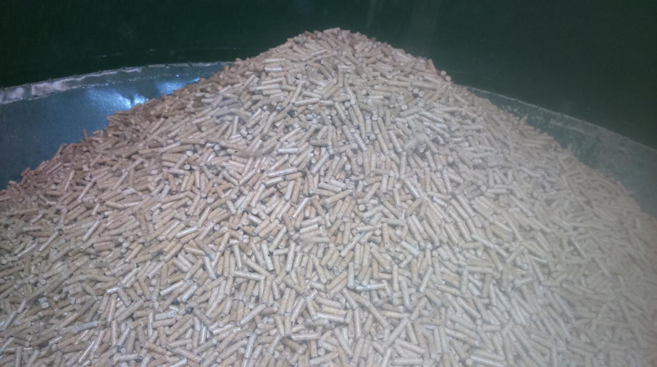 Stos jasnych, drewnianych peletek wewnątrz metalowego zbiornika, widoczne delikatne prążki na powierzchni peletek i zarys spawu na ścianie zbiornika.