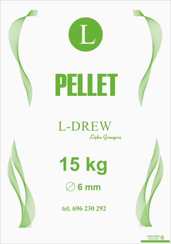 Grafika przedstawiająca opakowanie 15 kg pelletu drzewnego o średnicy 6 mm, z logo firmy L-Drew Lipka Grzegorz i numerem telefonu kontaktowego, ozdobione abstrakcyjnymi zielonymi elementami...