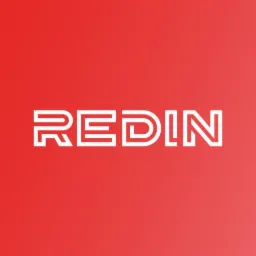 Logo 'REDIN' z białym, geometrycznym fontem na czerwonym tle.