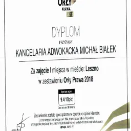 Dyplom dla Kancelarii Adwokackiej Michała Białka za zajęcie I miejsca w Lesznie w zestawieniu Orły Prawa 2018, z oceną 9.4/10 pkt.