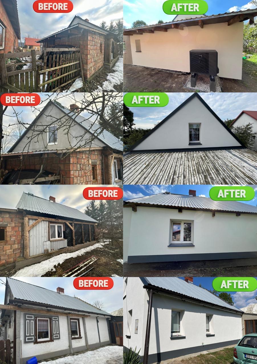 Zdjęcia przedstawiają dom przed i po robotach budowlanych wykonanych przez naszą firmę