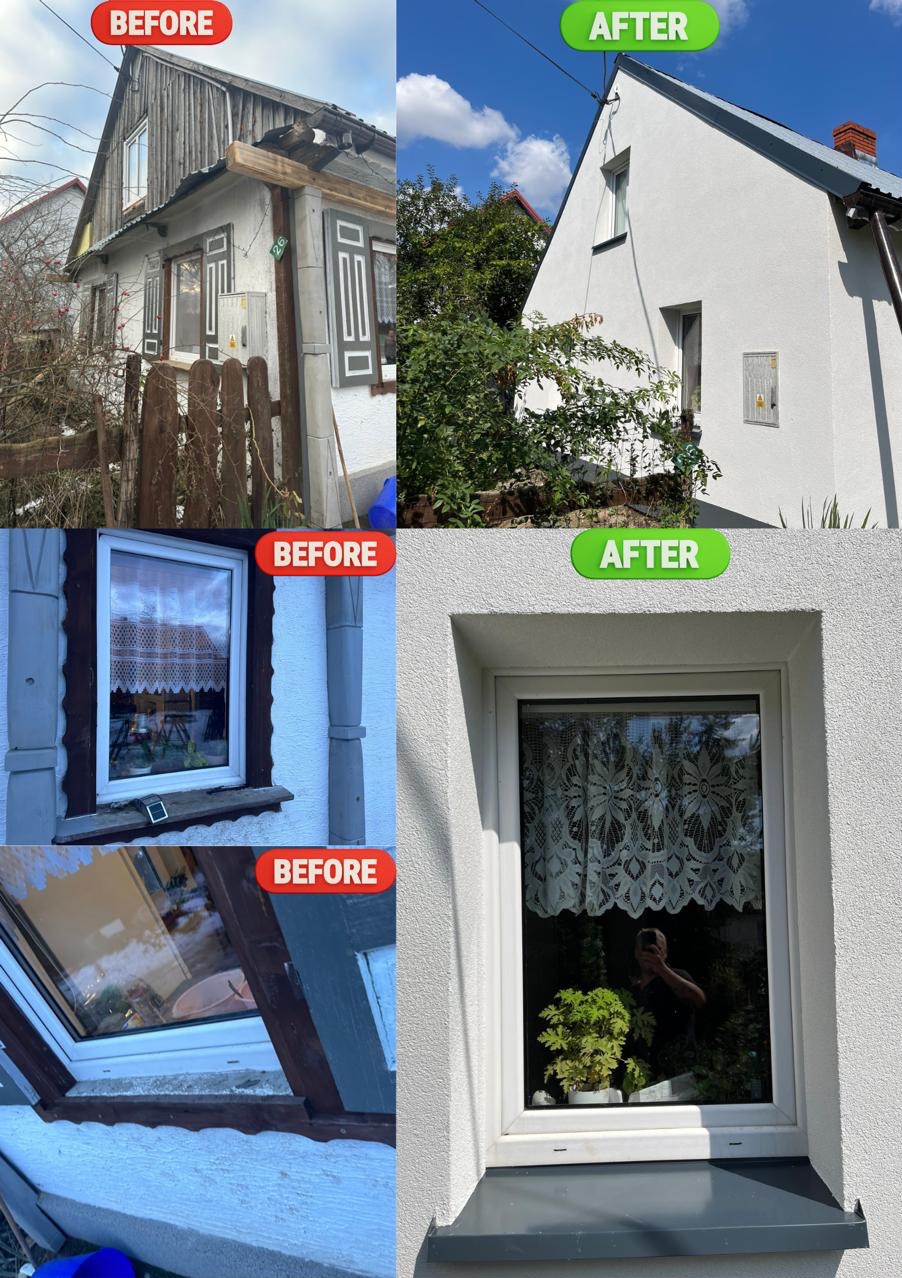Porównanie 'przed' i 'po' odnowionej elewacji domu: od szarej, drewnianej konstrukcji z widocznymi śladami czasu do białej, otynkowanej fasady z nowymi oknami. Widoczne zmiany w wyglądzie okien...