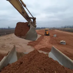 Żółta koparka załadowuje czerwoną ziemię do wywrotki na placu budowy drogi, w tle widoczny inny sprzęt i drzewa pod pochmurnym niebem.