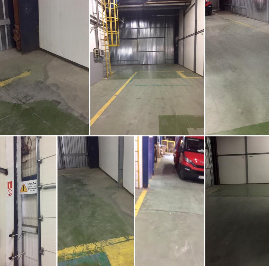 Montaż zdjęć przedstawiający wnętrze magazynu z betonową podłogą, żółtymi liniami wyznaczającymi ciągi komunikacyjne, metalowymi ścianami i drabiną. Widoczne ślady zabrudzeń i plamy na podłodze.