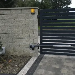 Nowoczesna brama przesuwna z automatycznym napędem, zamontowana przy murowanym słupku z kostki, obok ozdobne nasadzenie z drzewkiem iglastym.