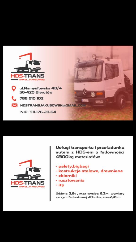 Wizytówka firmy HDS-TRANS oferującej usługi transportu i przeładunku z wykorzystaniem auta z HDS o ładowności 4300 kg, z danymi kontaktowymi oraz zdjęciem białej ciężarówki z HDS.