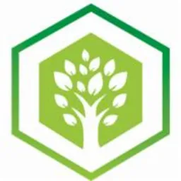 Stylizowany symbol drzewa z białym pniem i liśćmi na jasnozielonym sześciokątnym tle, otoczony ciemnozieloną ramką sześciokąta z gradientem.