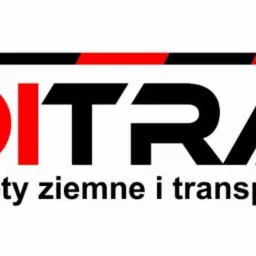 Logo firmy Buditrans z czerwono-czarną obwódką, oferującej roboty ziemne i transport.