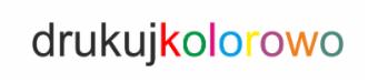 Napis 'drukujkolorowo' z literami w różnych kolorach: czarnym, czerwonym, zielonym, niebieskim, żółtym, fioletowym i pomarańczowym.