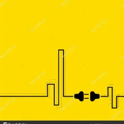 Graficzna ilustracja połączenia wtyczki i gniazdka na jaskrawożółtym tle, stylizowana na schemat elektryczny z czarnymi liniami.