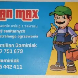 Wizytówka firmy Kran Max z ilustracją hydraulika z narzędziami, oferującej usługi instalacji sanitarnych i centralnego ogrzewania, z podanymi numerami telefonów.