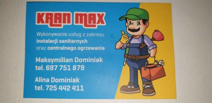 Wizytówka firmy Kran Max z ilustracją hydraulika z narzędziami, oferującej usługi instalacji sanitarnych i centralnego ogrzewania, z podanymi numerami telefonów.