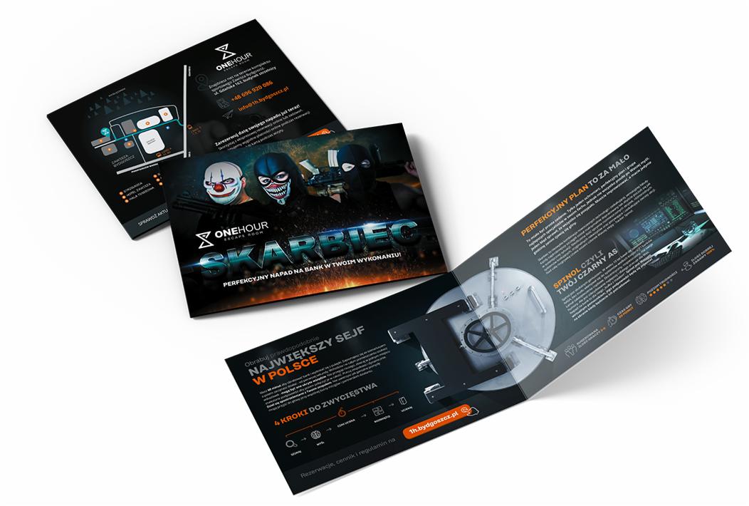 Ulotki reklamowe escape roomu 'Skarbiec' z motywem napadu na bank, prezentujące ofertę, cennik i informacje kontaktowe.