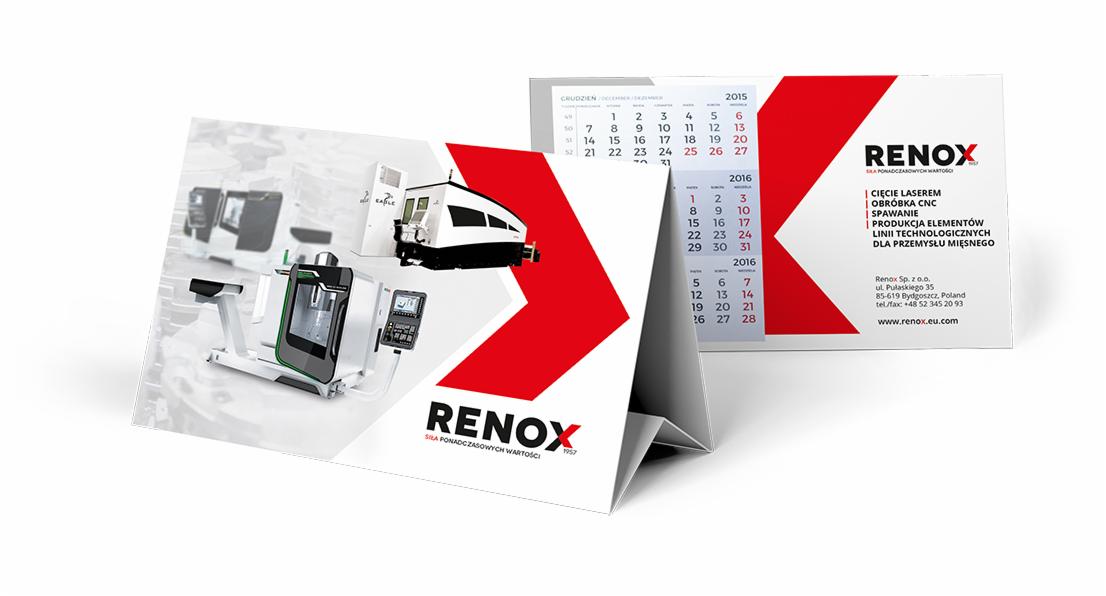 Kalendarz biurkowy firmy Renox prezentujący maszyny CNC, logo firmy i dane kontaktowe.