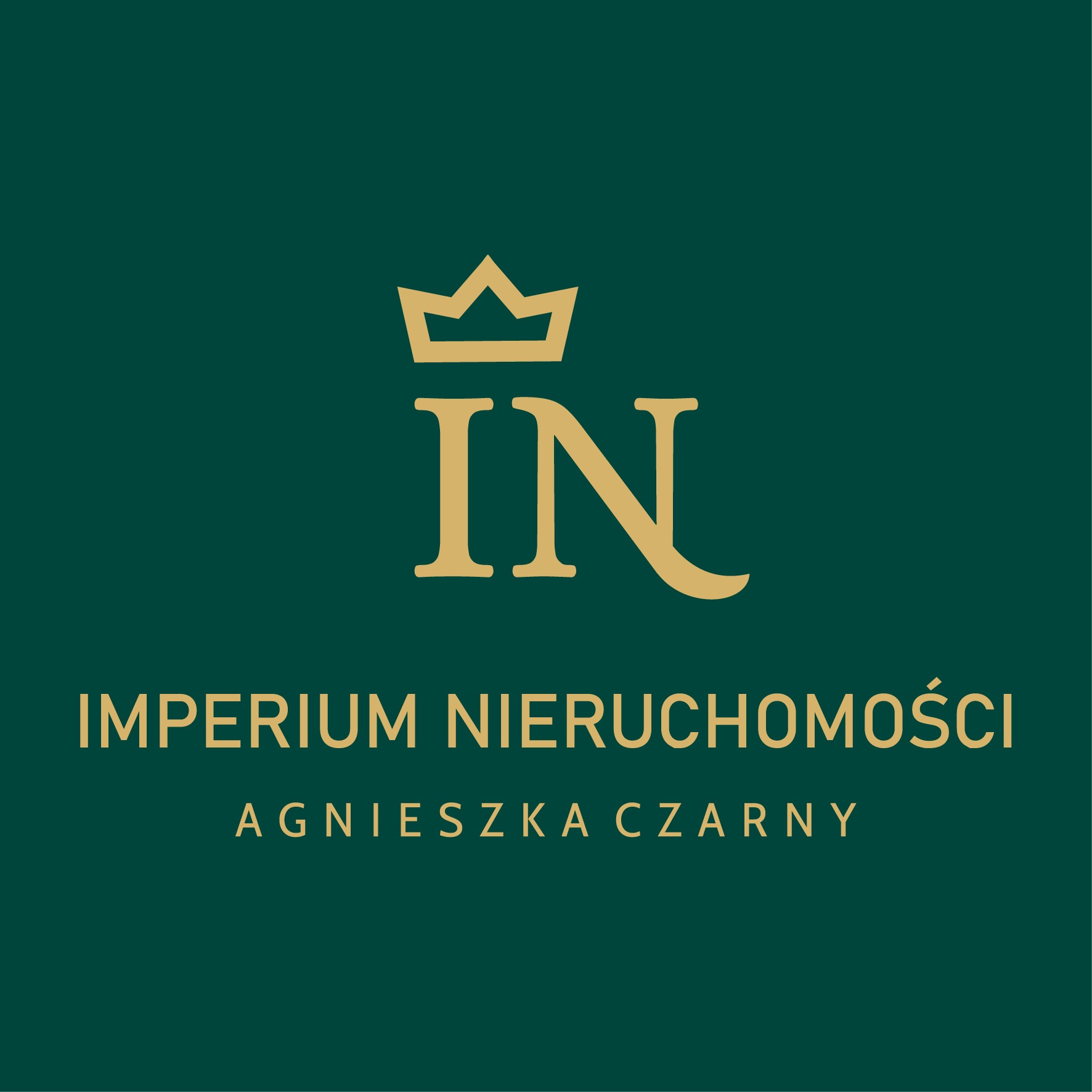 Logo firmy Imperium Nieruchomości z koroną nad inicjałami IN, nazwa firmy i imię Agnieszka Czarny w kolorze złotym na ciemnozielonym tle.