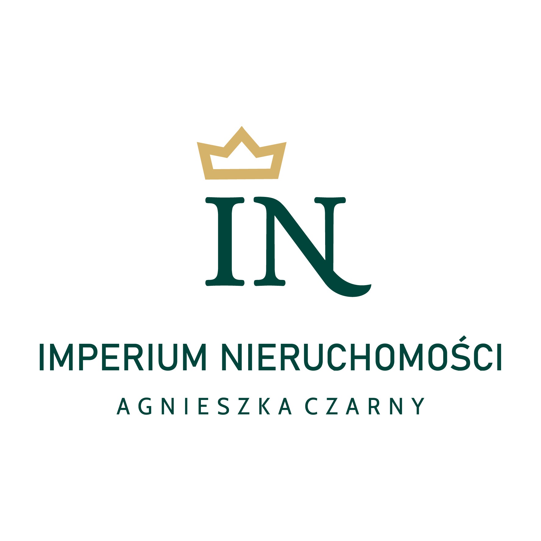 Logo firmy Imperium Nieruchomości z koroną nad inicjałami IN, nazwa firmy i imię oraz nazwisko Agnieszka Czarny w kolorze zielonym na białym tle.