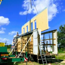 Montaż ściany szkieletowej z oknami za pomocą dźwigu na placu budowy w słoneczny dzień.