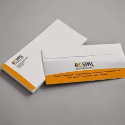 Dwa białe firmowe listowe koperty z pomarańczowym paskiem i czarnym logo 'ROSPAL Dystrybucja Palet' leżą na szarym tle.