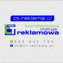Graficzne logo firmy reklamowej ct-reklama.pl z niebiesko-zielonym elementem graficznym i danymi kontaktowymi na jasnoszarym tle w geometryczny wzór.