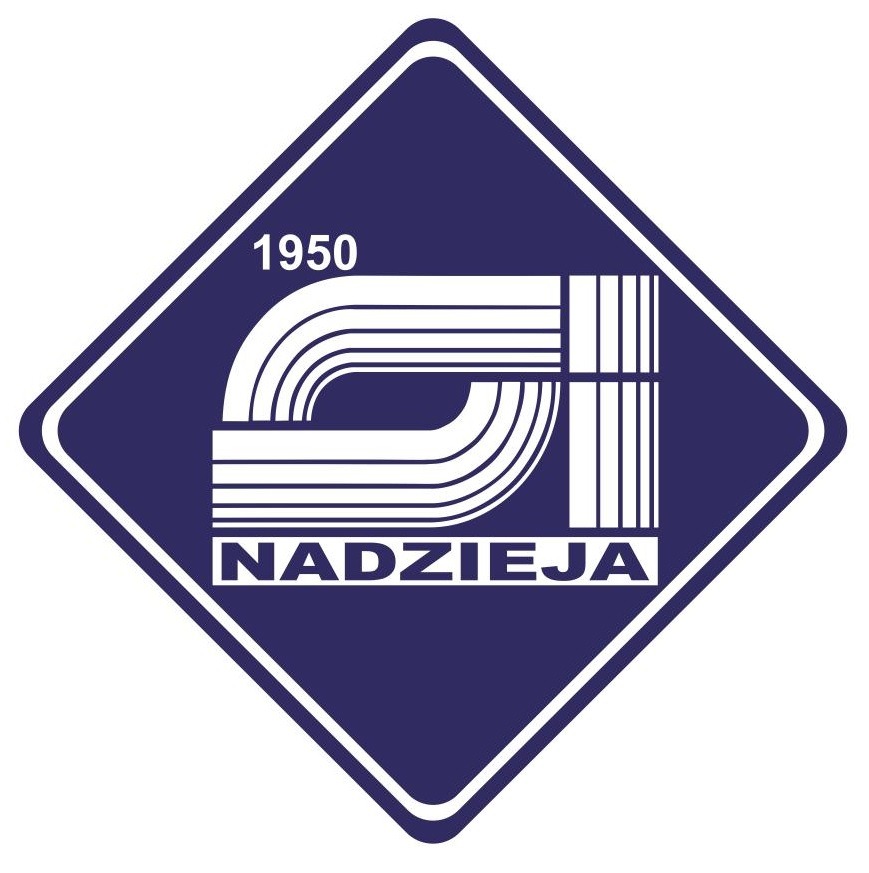 Logo firmy z Ostrowa Wielkopolskiego przedstawiające stylizowany napis 'NADZIEJA' w białym kolorze na granatowym tle rombu, z rokiem założenia 1950 u góry.