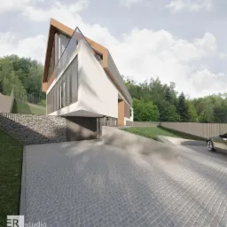 Wizualizacja nowoczesnego, dwukondygnacyjnego domu z płaskim dachem i dużymi przeszkleniami, otoczonego zielenią, z podjazdem wyłożonym kostką brukową i fragmentem zaparkowanego samochodu.