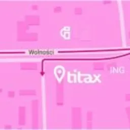 Mapa dojazdu do biura Titax, z zaznaczoną trasą ulicą Wolności, obejmująca Gliwice, Bytom, Chorzów i Rudę Śląską.