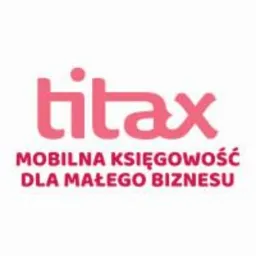 R&oacute;żowe logo firmy Titax z hasłem 'Mobilna księgowość dla małego biznesu' na białym tle.