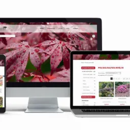 Responsywny układ strony internetowej sklepu z roślinami, wyświetlany na monitorze, laptopie i tablecie, z widocznym menu i listą produktów.