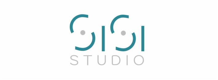 Minimalistyczne logo studia z turkusowymi elementami graficznymi przypominającymi nawiasy i pionowe linie, uzupełnione szarym napisem 'STUDIO' poniżej.