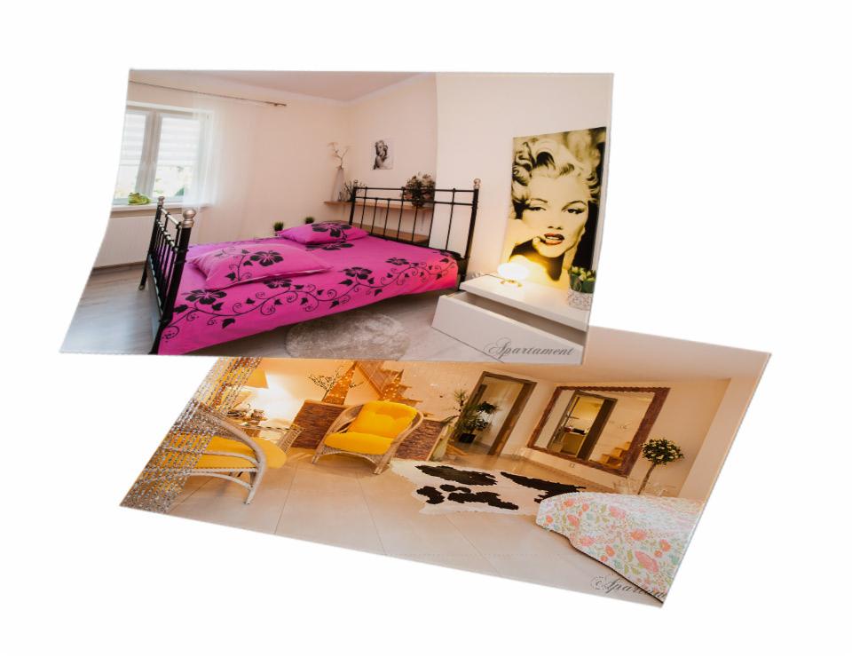 Zdjęcie przedstawia dwa oddzielne ujęcia wnętrz: sypialni z różową pościelą i portretem Marilyn Monroe oraz salonu z żółtymi fotelami i lustrami, prawdopodobnie zdjęcia z portfolio firmy z Włocławka.