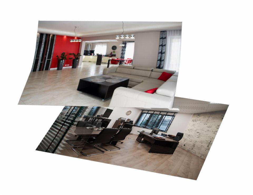 Kolaż dwóch wnętrz: salon z narożnikiem i biuro z dużym stołem konferencyjnym, widok z perspektywy szerokokątnej, jasne oświetlenie.