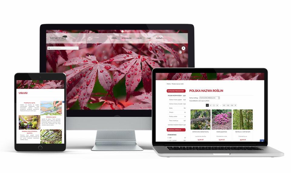 Responsywny układ strony internetowej sklepu z roślinami, wyświetlany na monitorze, laptopie i tablecie, z widocznym menu i listą produktów.