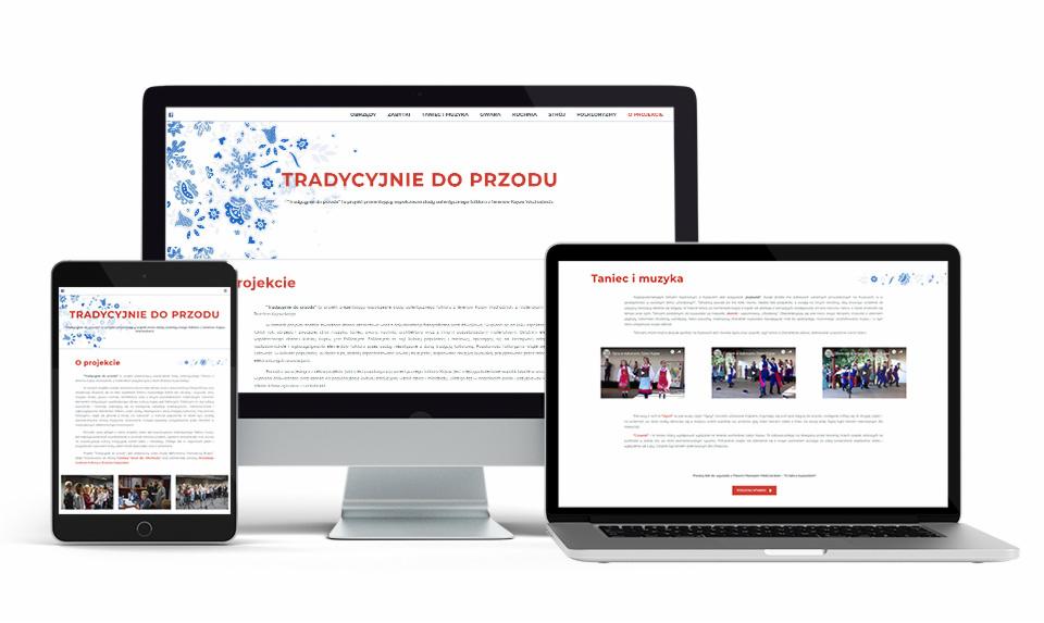 Responsywna strona internetowa o tematyce folklorystycznej wyświetlona na monitorze, laptopie i smartfonie, prezentująca projekt 'Tradycyjnie do przodu' z motywami kwiatowymi i tekstami o tańcu...