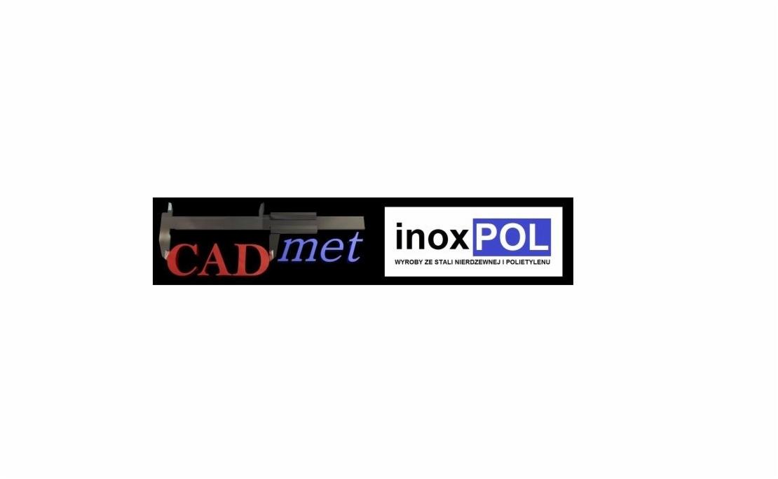 Logo firmy CADmet InoxPOL, produkującej wyroby ze stali nierdzewnej i polietylenu, z suwmiarką w tle.