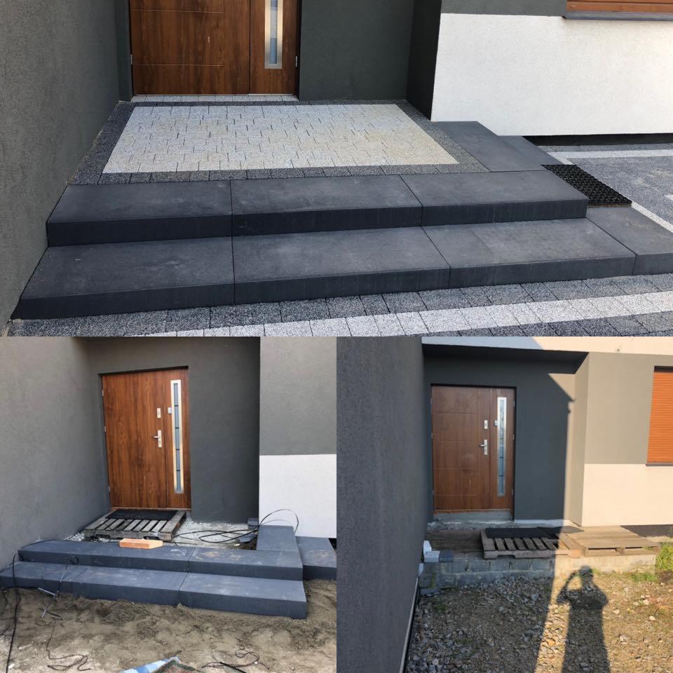 Schody wejściowe do domu wyłożone ciemnoszarą kostką brukową z elementami jasnoszarej kostki granitowej, widoczne trzy etapy realizacji: ukończone schody, etap w trakcie prac oraz stan początkowy.