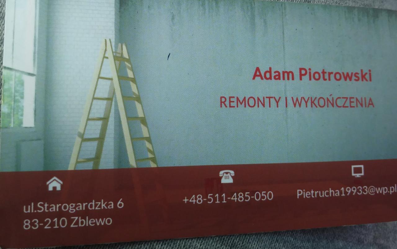 Wizytówka firmy remontowej Adam Piotrowski: Remonty i Wykończenia, z adresem, numerem telefonu i adresem email. W tle grafika przedstawiająca drabinę opartą o ścianę w trakcie malowania.