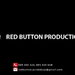 Logo firmy Red Button Productions z czerwonym przyciskiem w chromowanej obwódce, białym napisem i danymi kontaktowymi na czarnym tle.