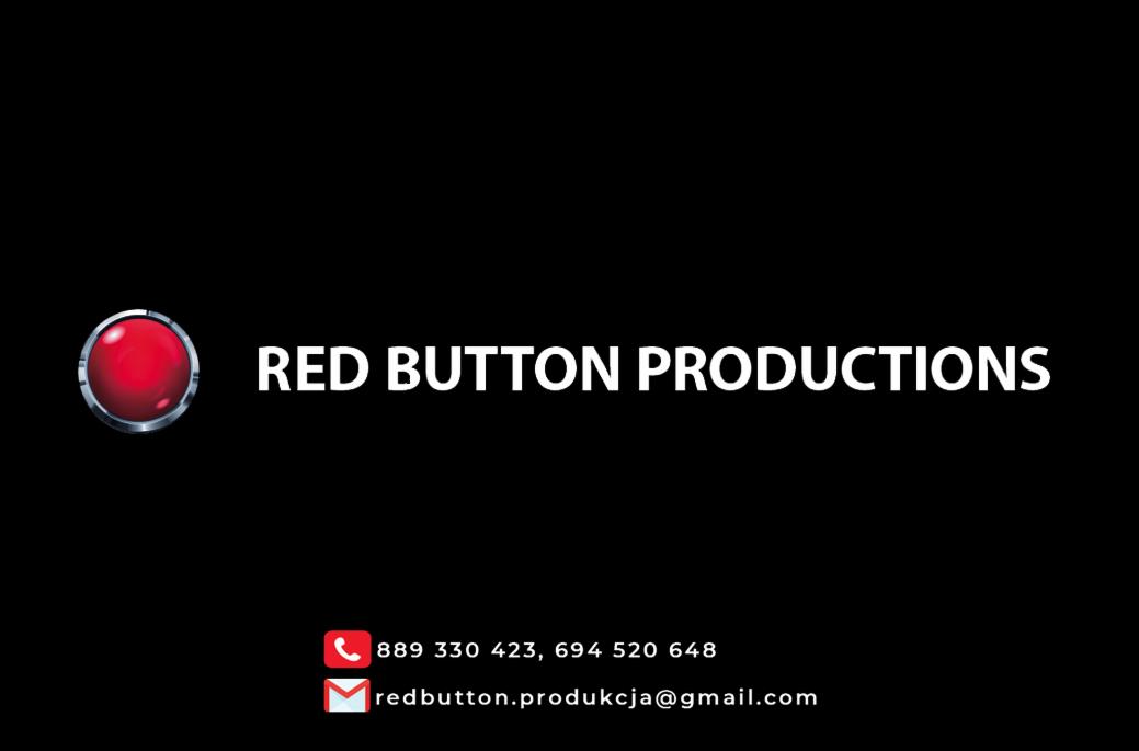 Logo firmy Red Button Productions z czerwonym przyciskiem w chromowanej obwódce, białym napisem i danymi kontaktowymi na czarnym tle.
