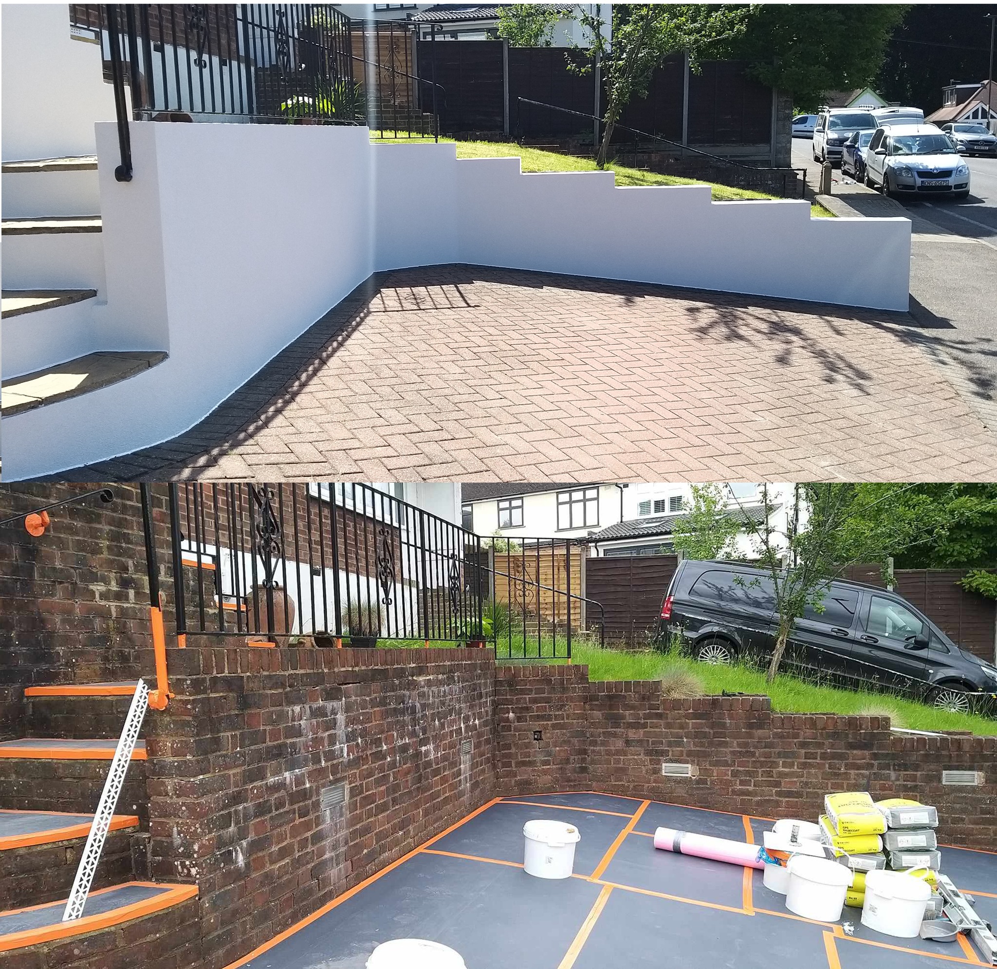 Dwuczęściowe zdjęcie przedstawia mur oporowy i schody przed i po malowaniu; górna część pokazuje świeżo pomalowany na biało mur i schody, dolna część pokazuje przygotowania do malowania...