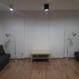 Pomalowane na biało ściany w pustym pokoju z drewnianą podłogą, dwiema szarymi sofami po bokach, niskim stolikiem kawowym na środku i lampami podłogowymi, gotowe do umeblowania.