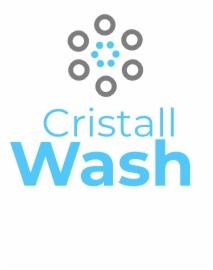 Logo firmy sprzątającej 'Cristall Wash' z graficznym symbolem kółek w odcieniach szarości i błękitu.