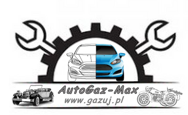 Grafika wektorowa przedstawiająca logo firmy z samochodem podzielonym na pół - rysunek techniczny i kolorowy model, otoczonym przez zębatkę i klucze francuskie, z zabytkowym autem i motocyklem...